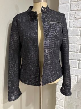 Eric Casual Black Croc-Embossed Zip Moto Jacket
